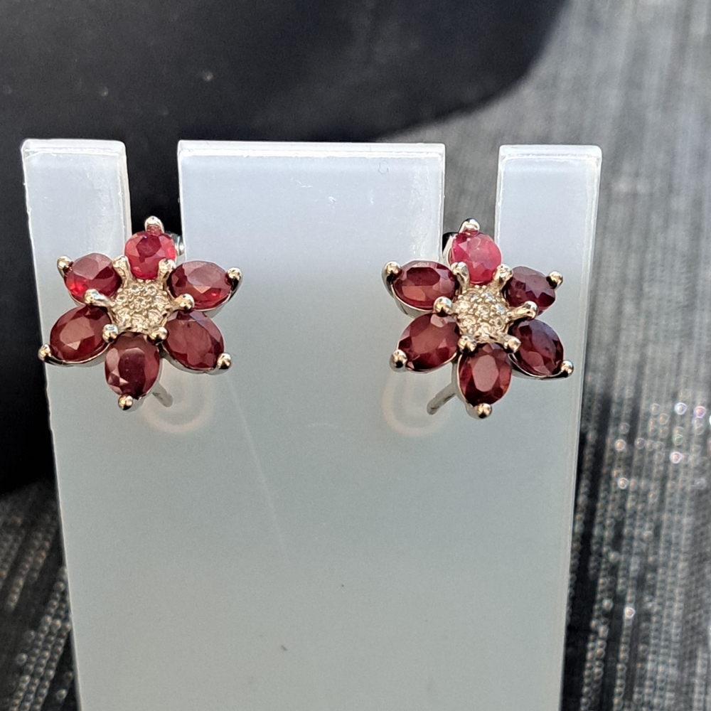Heated ruby flower earrings sterling silver 14kwgp NWOT